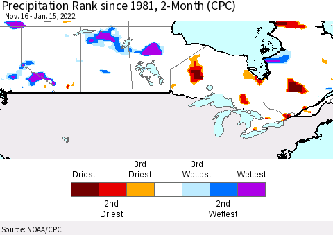 Canada Precipitation Rank since 1981, 2-Month (CPC) Thematic Map For 11/16/2021 - 1/15/2022