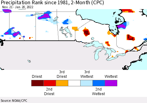Canada Precipitation Rank since 1981, 2-Month (CPC) Thematic Map For 11/21/2021 - 1/20/2022