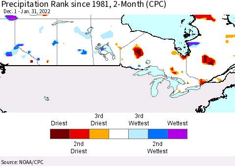 Canada Precipitation Rank since 1981, 2-Month (CPC) Thematic Map For 12/1/2021 - 1/31/2022