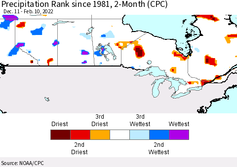 Canada Precipitation Rank since 1981, 2-Month (CPC) Thematic Map For 12/11/2021 - 2/10/2022