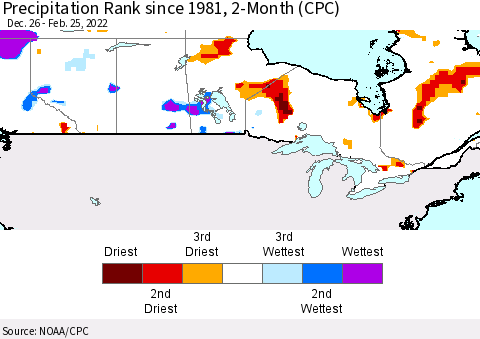 Canada Precipitation Rank since 1981, 2-Month (CPC) Thematic Map For 12/26/2021 - 2/25/2022