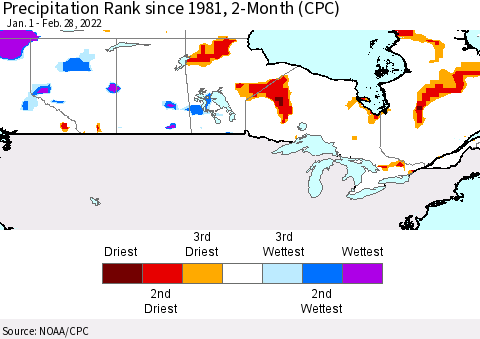 Canada Precipitation Rank since 1981, 2-Month (CPC) Thematic Map For 1/1/2022 - 2/28/2022
