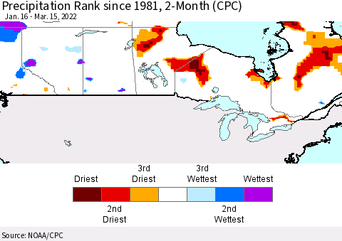 Canada Precipitation Rank since 1981, 2-Month (CPC) Thematic Map For 1/16/2022 - 3/15/2022
