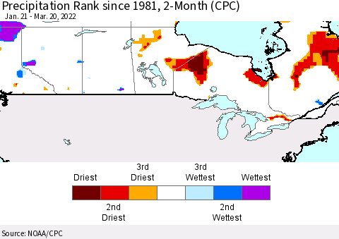 Canada Precipitation Rank since 1981, 2-Month (CPC) Thematic Map For 1/21/2022 - 3/20/2022