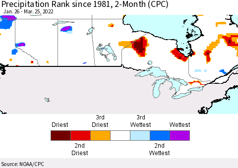 Canada Precipitation Rank since 1981, 2-Month (CPC) Thematic Map For 1/26/2022 - 3/25/2022