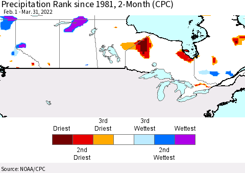 Canada Precipitation Rank since 1981, 2-Month (CPC) Thematic Map For 2/1/2022 - 3/31/2022
