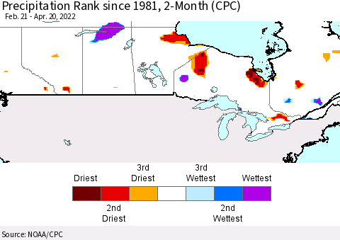 Canada Precipitation Rank since 1981, 2-Month (CPC) Thematic Map For 2/21/2022 - 4/20/2022