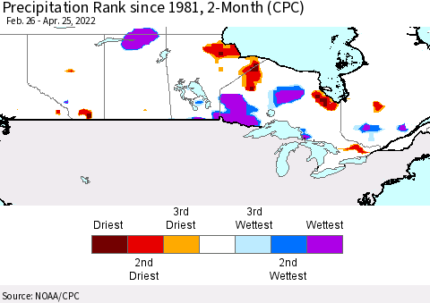 Canada Precipitation Rank since 1981, 2-Month (CPC) Thematic Map For 2/26/2022 - 4/25/2022