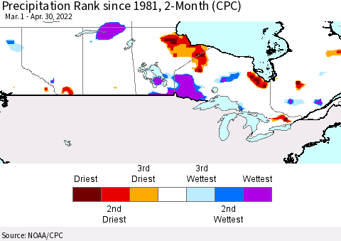 Canada Precipitation Rank since 1981, 2-Month (CPC) Thematic Map For 3/1/2022 - 4/30/2022