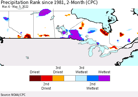 Canada Precipitation Rank since 1981, 2-Month (CPC) Thematic Map For 3/6/2022 - 5/5/2022