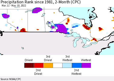 Canada Precipitation Rank since 1981, 2-Month (CPC) Thematic Map For 3/11/2022 - 5/10/2022