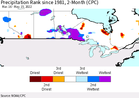 Canada Precipitation Rank since 1981, 2-Month (CPC) Thematic Map For 3/16/2022 - 5/15/2022