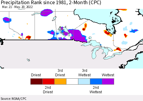 Canada Precipitation Rank since 1981, 2-Month (CPC) Thematic Map For 3/21/2022 - 5/20/2022