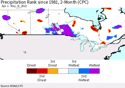 Canada Precipitation Rank since 1981, 2-Month (CPC) Thematic Map For 4/1/2022 - 5/31/2022