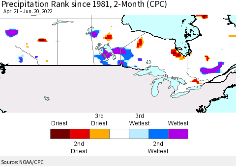 Canada Precipitation Rank since 1981, 2-Month (CPC) Thematic Map For 4/21/2022 - 6/20/2022