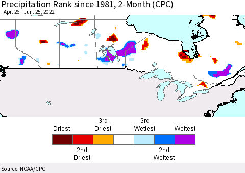 Canada Precipitation Rank since 1981, 2-Month (CPC) Thematic Map For 4/26/2022 - 6/25/2022