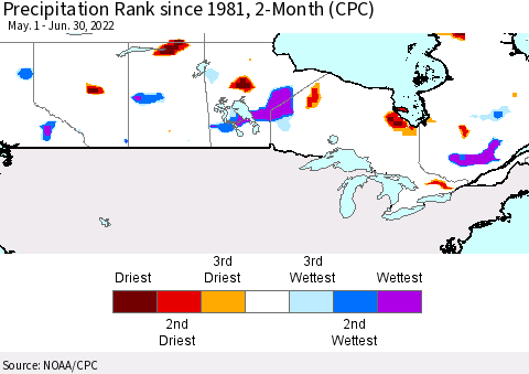 Canada Precipitation Rank since 1981, 2-Month (CPC) Thematic Map For 5/1/2022 - 6/30/2022