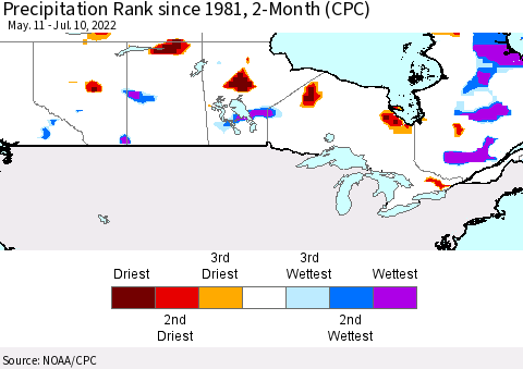 Canada Precipitation Rank since 1981, 2-Month (CPC) Thematic Map For 5/11/2022 - 7/10/2022