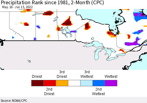 Canada Precipitation Rank since 1981, 2-Month (CPC) Thematic Map For 5/16/2022 - 7/15/2022