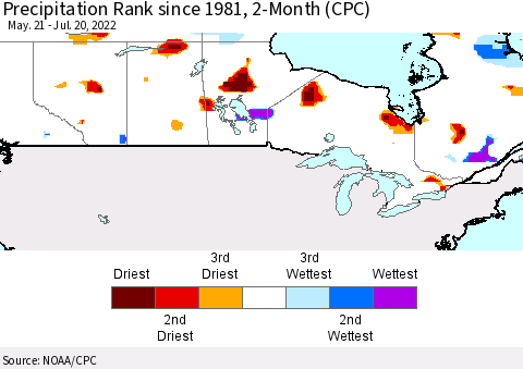 Canada Precipitation Rank since 1981, 2-Month (CPC) Thematic Map For 5/21/2022 - 7/20/2022