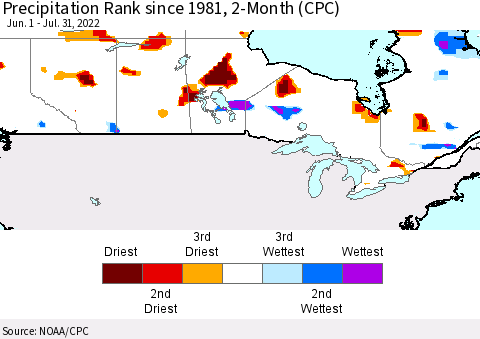 Canada Precipitation Rank since 1981, 2-Month (CPC) Thematic Map For 6/1/2022 - 7/31/2022