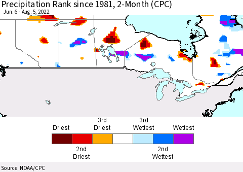 Canada Precipitation Rank since 1981, 2-Month (CPC) Thematic Map For 6/6/2022 - 8/5/2022