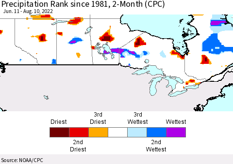 Canada Precipitation Rank since 1981, 2-Month (CPC) Thematic Map For 6/11/2022 - 8/10/2022