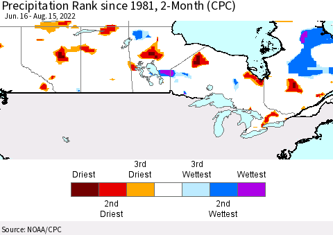 Canada Precipitation Rank since 1981, 2-Month (CPC) Thematic Map For 6/16/2022 - 8/15/2022