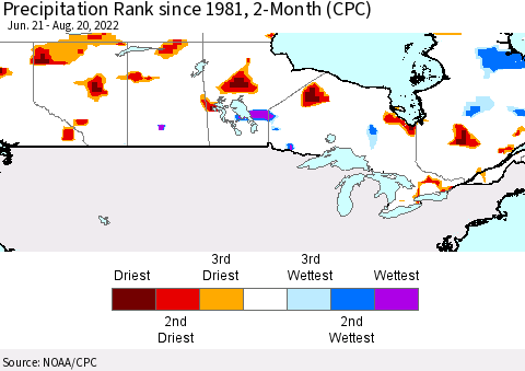 Canada Precipitation Rank since 1981, 2-Month (CPC) Thematic Map For 6/21/2022 - 8/20/2022