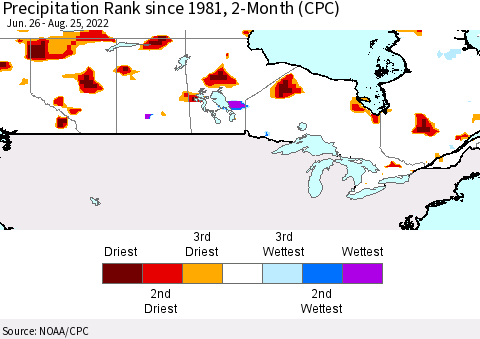 Canada Precipitation Rank since 1981, 2-Month (CPC) Thematic Map For 6/26/2022 - 8/25/2022