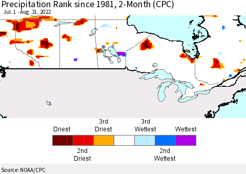 Canada Precipitation Rank since 1981, 2-Month (CPC) Thematic Map For 7/1/2022 - 8/31/2022