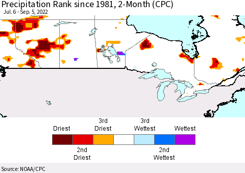 Canada Precipitation Rank since 1981, 2-Month (CPC) Thematic Map For 7/6/2022 - 9/5/2022
