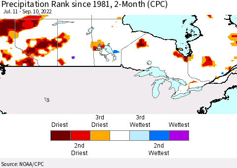 Canada Precipitation Rank since 1981, 2-Month (CPC) Thematic Map For 7/11/2022 - 9/10/2022