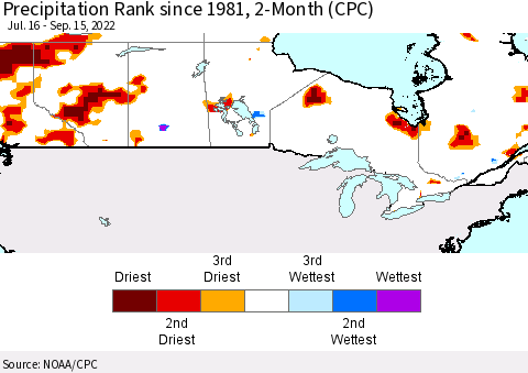 Canada Precipitation Rank since 1981, 2-Month (CPC) Thematic Map For 7/16/2022 - 9/15/2022
