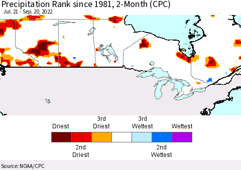 Canada Precipitation Rank since 1981, 2-Month (CPC) Thematic Map For 7/21/2022 - 9/20/2022