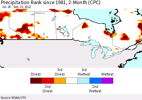 Canada Precipitation Rank since 1981, 2-Month (CPC) Thematic Map For 7/26/2022 - 9/25/2022