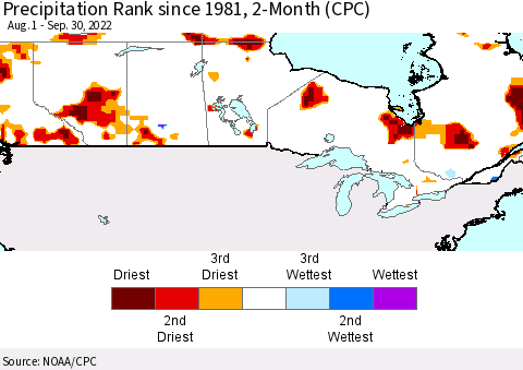 Canada Precipitation Rank since 1981, 2-Month (CPC) Thematic Map For 8/1/2022 - 9/30/2022