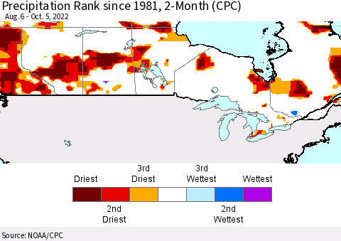Canada Precipitation Rank since 1981, 2-Month (CPC) Thematic Map For 8/6/2022 - 10/5/2022