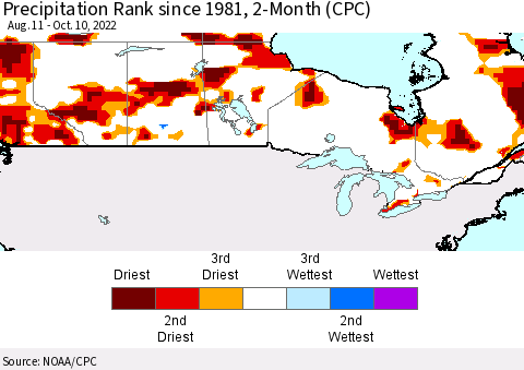 Canada Precipitation Rank since 1981, 2-Month (CPC) Thematic Map For 8/11/2022 - 10/10/2022