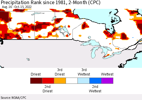 Canada Precipitation Rank since 1981, 2-Month (CPC) Thematic Map For 8/16/2022 - 10/15/2022