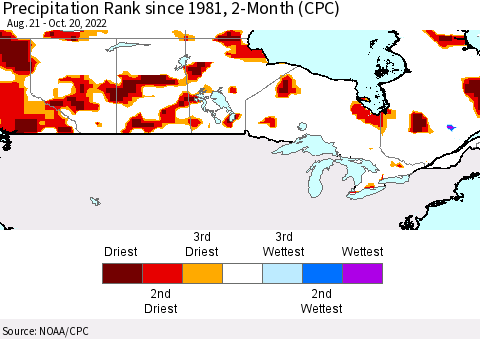 Canada Precipitation Rank since 1981, 2-Month (CPC) Thematic Map For 8/21/2022 - 10/20/2022