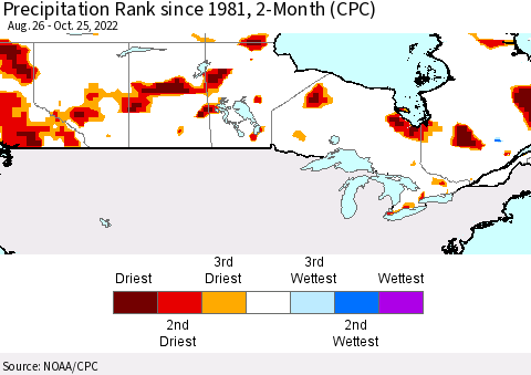 Canada Precipitation Rank since 1981, 2-Month (CPC) Thematic Map For 8/26/2022 - 10/25/2022