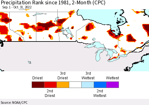 Canada Precipitation Rank since 1981, 2-Month (CPC) Thematic Map For 9/1/2022 - 10/31/2022