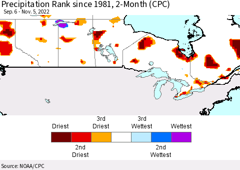 Canada Precipitation Rank since 1981, 2-Month (CPC) Thematic Map For 9/6/2022 - 11/5/2022