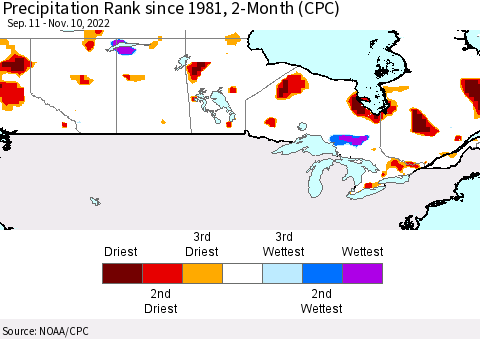 Canada Precipitation Rank since 1981, 2-Month (CPC) Thematic Map For 9/11/2022 - 11/10/2022