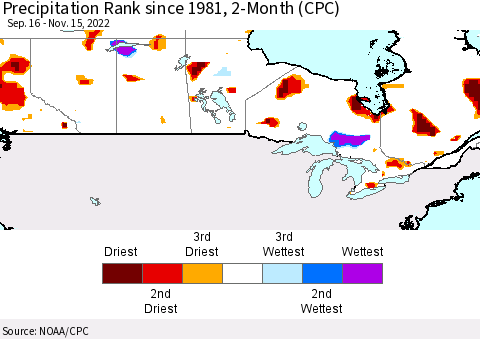 Canada Precipitation Rank since 1981, 2-Month (CPC) Thematic Map For 9/16/2022 - 11/15/2022