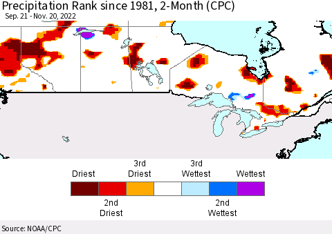 Canada Precipitation Rank since 1981, 2-Month (CPC) Thematic Map For 9/21/2022 - 11/20/2022