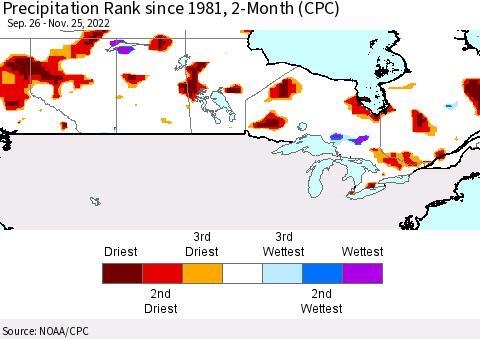 Canada Precipitation Rank since 1981, 2-Month (CPC) Thematic Map For 9/26/2022 - 11/25/2022
