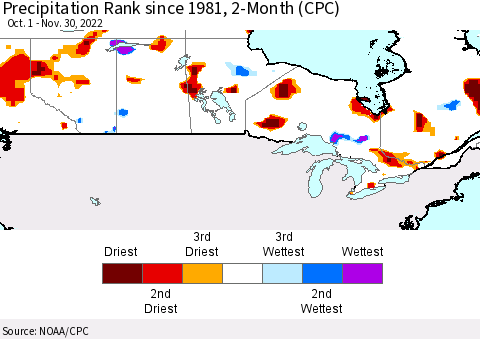 Canada Precipitation Rank since 1981, 2-Month (CPC) Thematic Map For 10/1/2022 - 11/30/2022