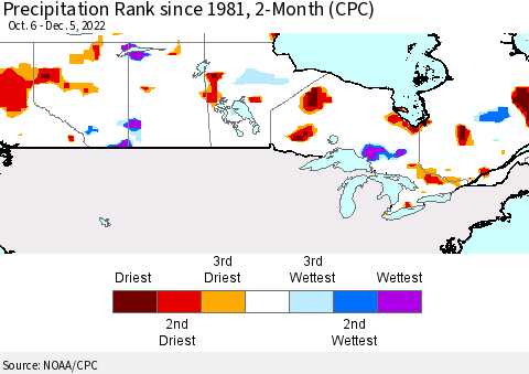 Canada Precipitation Rank since 1981, 2-Month (CPC) Thematic Map For 10/6/2022 - 12/5/2022